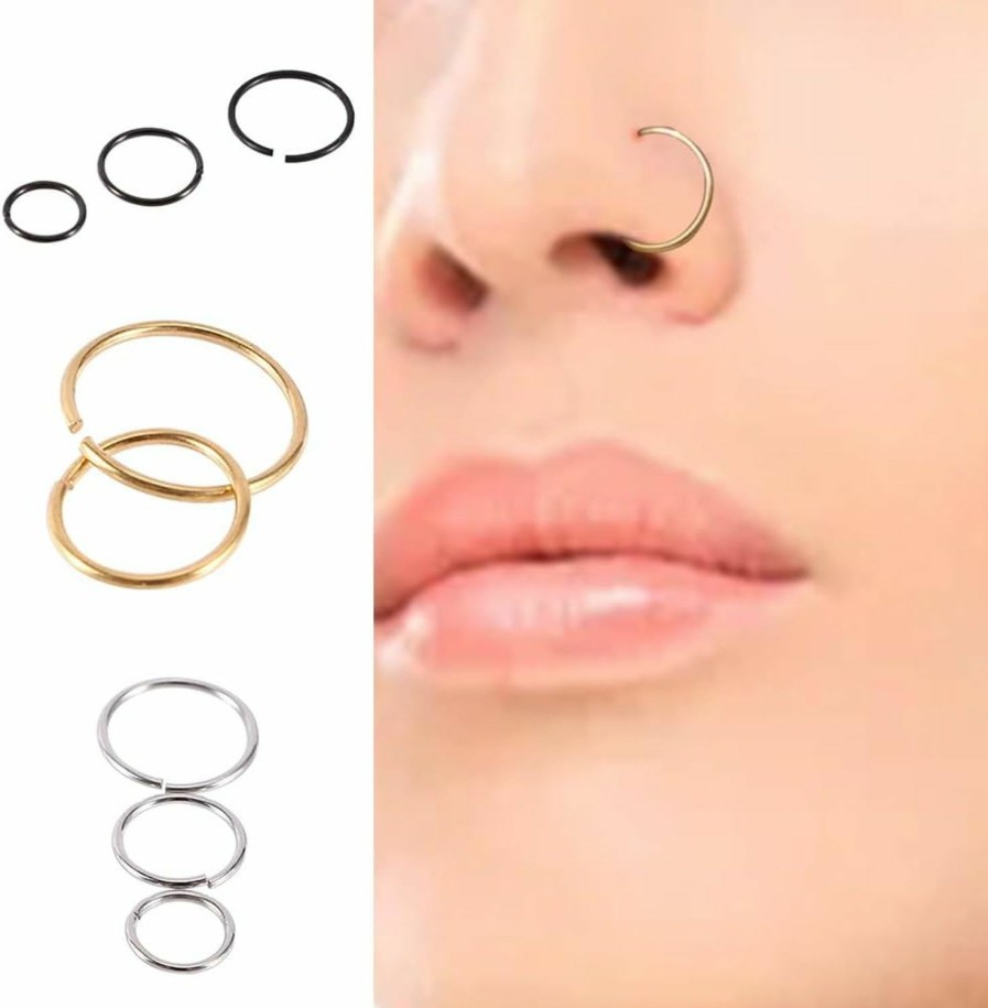 Vctitil Vctitil 9 Pcs Fake Nose Rings Hoops, Faux Lip Rings, Fake Septum Piercing, Fake Nose Piercing, Faux Nose Rings Clip On Cartilage Hoop Faux Body Piercing Jewelry