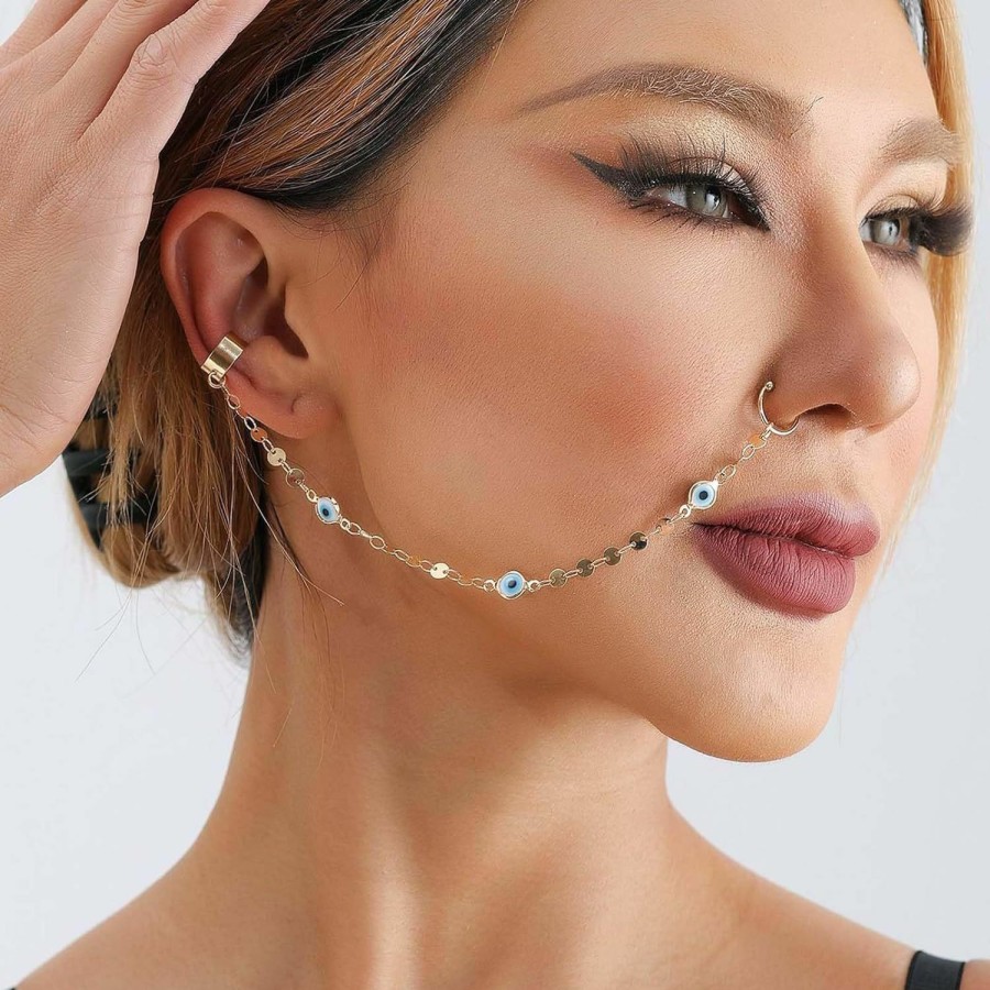 Zeshimb Zeshimb Punk Fake Nose Ring Hoop Ethnic Nose Rings With Chain Tassel Non-Piercing Gold Sequins Nose To Ear Chain Jewelry Indian Nose Ring Studs Nostril Body Accessories For Women Girls Faux Body Piercing Jewelry