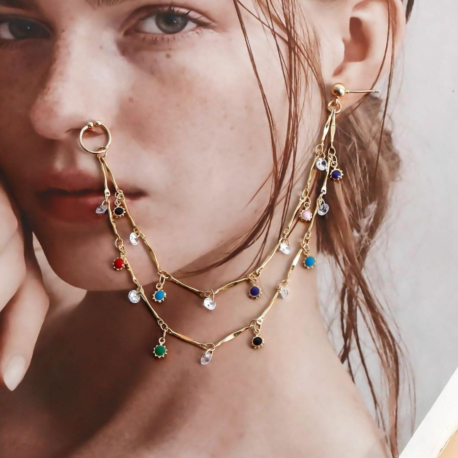 Zeshimb Zeshimb Punk Fake Nose Ring Hoop Crystal Rhinestone Nose Rings With Chain Tassel Non-Piercing Hollow Leaf Nose To Ear Chain Jewelry Indian Nose Ring Studs Nostril Body Accessories For Women Girls Faux Body Piercing Jewelry