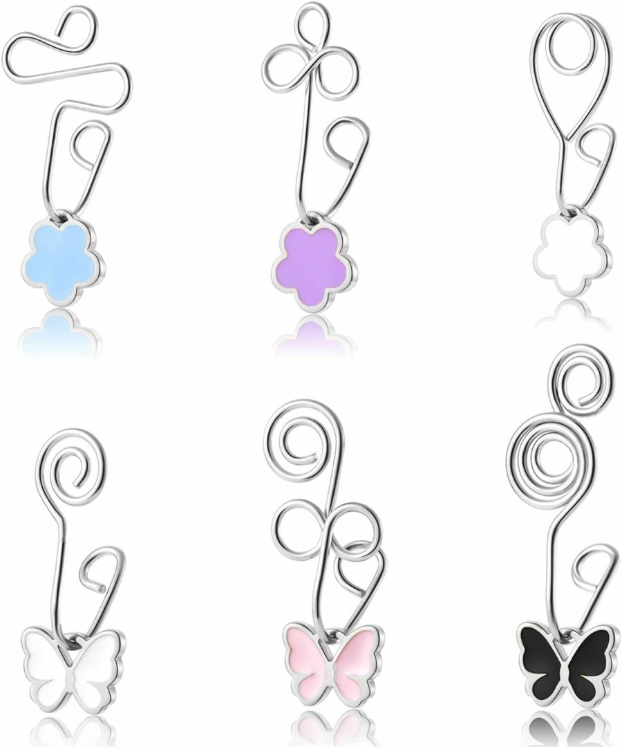 Masedy Masedy 6Pcs Stainless Steel Butterfly Fake Nose Rings Flower Nose Cuff Clip On Faux Cartilage Tragus Ring Non Piercing Jewelry Faux Body Piercing Jewelry