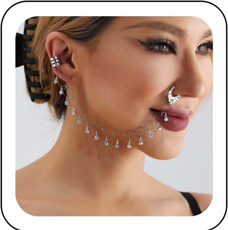 Zeshimb Zeshimb Nose To Ear Chain Jewelry For Women Fake Nose Ring Hoop With Crystal Chain Tassel Indian Rhinestone Nose Ring Studs Non-Piercing Nostril Body Costume Outfit Accessories For Teen Girls Faux Body Piercing Jewelry