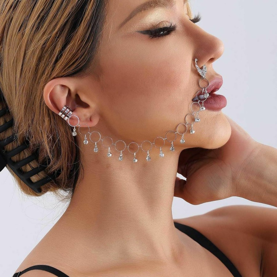 Zeshimb Zeshimb Nose To Ear Chain Jewelry For Women Fake Nose Ring Hoop With Crystal Chain Tassel Indian Rhinestone Nose Ring Studs Non-Piercing Nostril Body Costume Outfit Accessories For Teen Girls Faux Body Piercing Jewelry