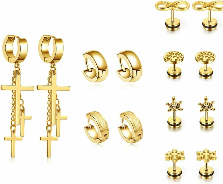 Zysta 8 Paris Earring Studs Set Mixed Styles Punk Cool Skull Claw Stud Earrings Sets Fake Illusion Ear Gauge Hinged Dangle Cross Spike Hinged Hoop Earrings Tunnel Plugs Faux Body Piercing Jewelry