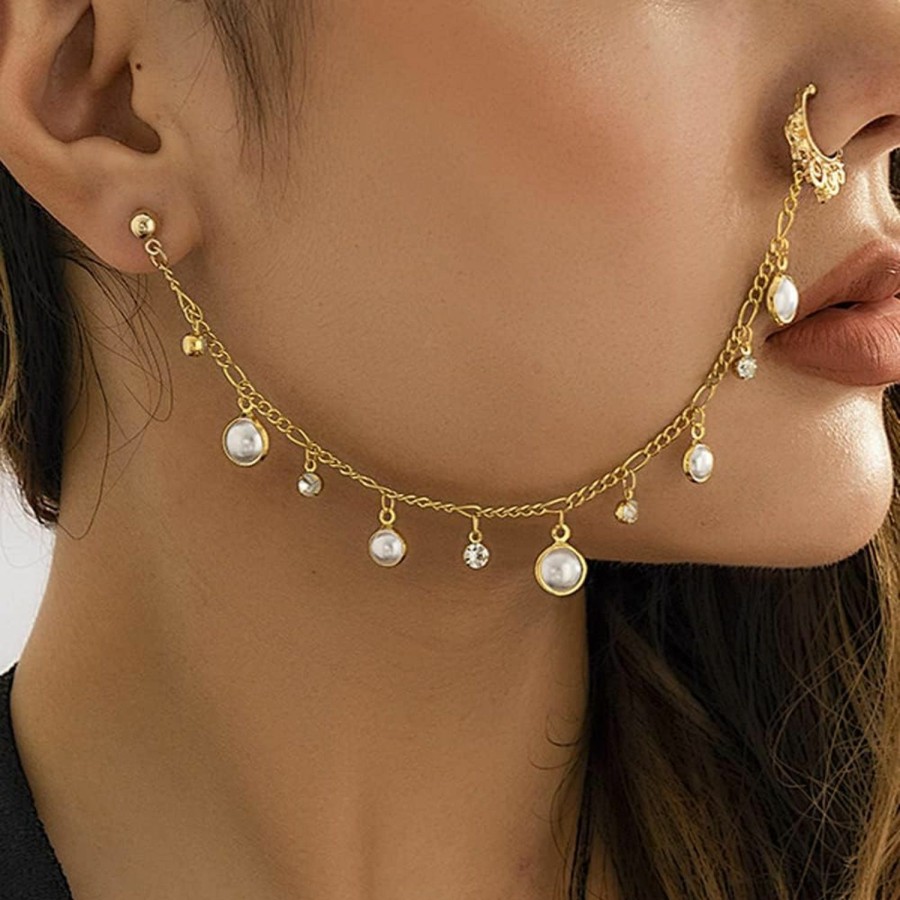 Missgrace Missgrace Boho Indian Dainty Simple Silver Gold Chain Sexy Pearls Rhinestones Nose Rings Earrings Hoop Chain Tassel Nose Chain Septum Non Piercing Nose Dangle Earrings For Women Faux Body Piercing Jewelry