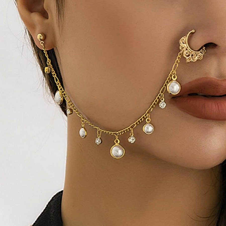 Missgrace Missgrace Boho Indian Dainty Simple Silver Gold Chain Sexy Pearls Rhinestones Nose Rings Earrings Hoop Chain Tassel Nose Chain Septum Non Piercing Nose Dangle Earrings For Women Faux Body Piercing Jewelry