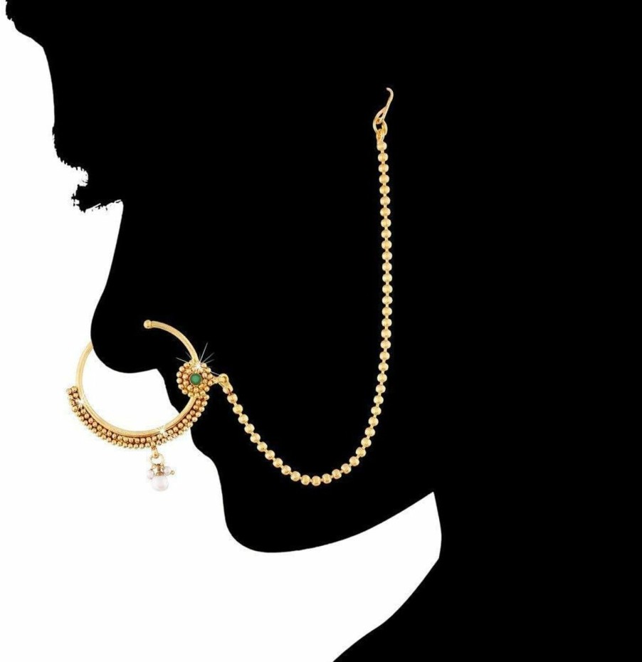 I Jewels I Jewels Gold Plated Indain Wedding Bollywood Ethnic Bridal Clip On Nose Ring/Nath Without Piercing With Chain Encased With Faux Stones For Women/Girls (Nl09G) Faux Body Piercing Jewelry