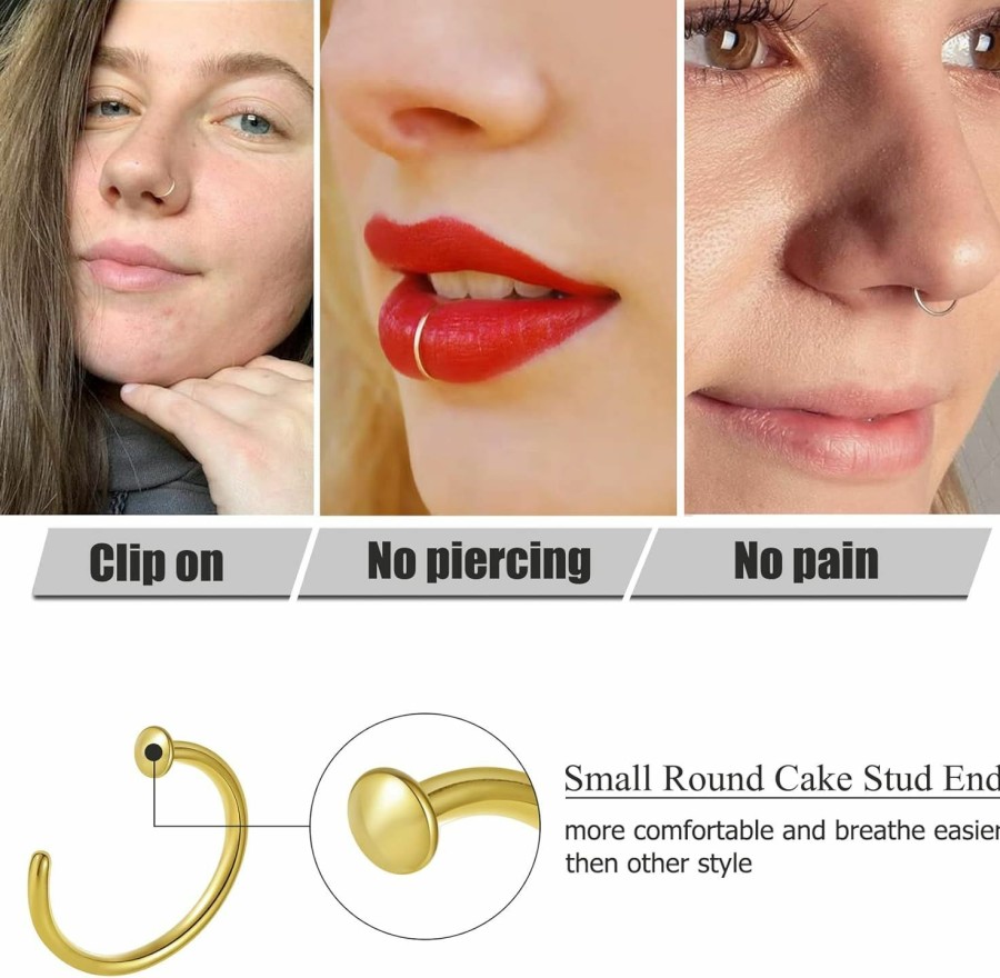 ZogCowy Zogcowy Fake Nose Ring 20G Clip On Fake Nose Rings Hoops 8Mm Faux Nose Piercing Stud Non Piercing Fake Lip Ring Set Faux Body Piercing Jewelry