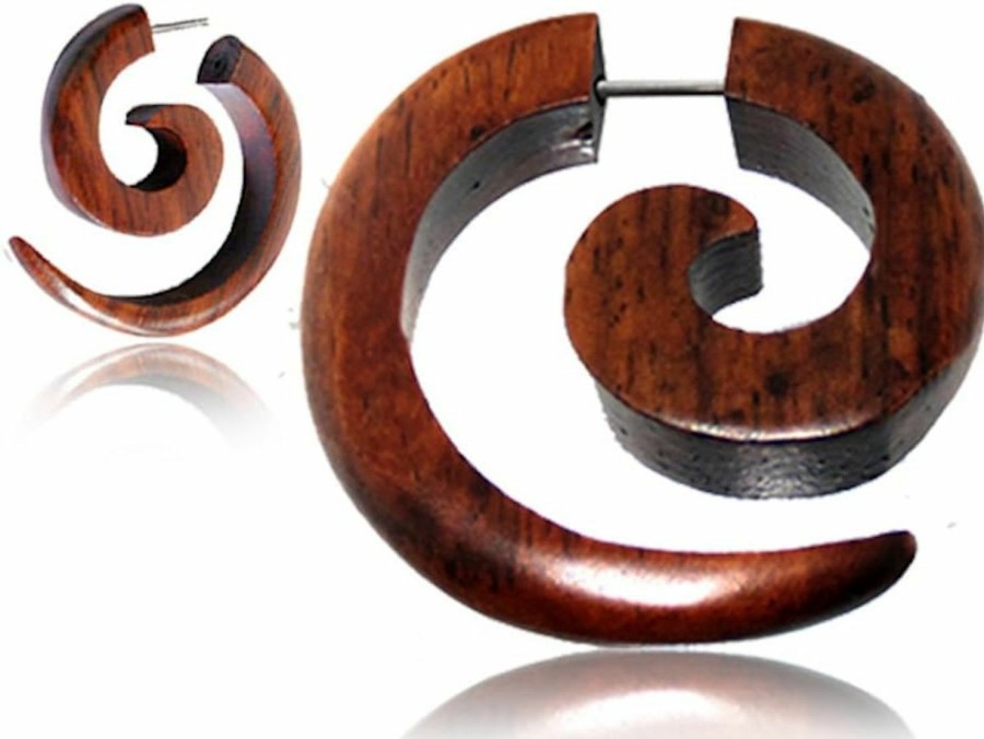 Earth Accessories Earth Accessories Spiral Fake Gauges For Women Or Men - Faux Gauge Earrings With Organic Wood And Surgical Steel - Fake Plugs Sold As A Pair In Black Or Brown Faux Body Piercing Jewelry