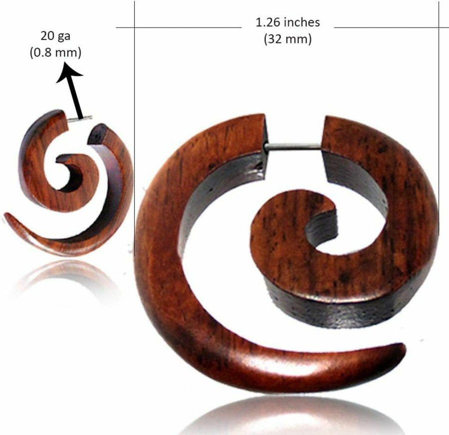 Earth Accessories Earth Accessories Spiral Fake Gauges For Women Or Men - Faux Gauge Earrings With Organic Wood And Surgical Steel - Fake Plugs Sold As A Pair In Black Or Brown Faux Body Piercing Jewelry