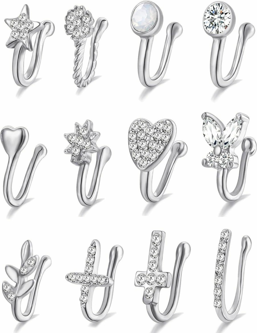 Fxiqini Fxiqini 12Pcs African Faux Nose Cuff Non Piercing Inlaid Cubic Zirconia Clip On Nose Ring Star Flower Leaf Heart Cz Shape Fake Nose Ring Hoop For Women Men Silver Gold Rose Gold Tone Faux Body Piercing Jewelry