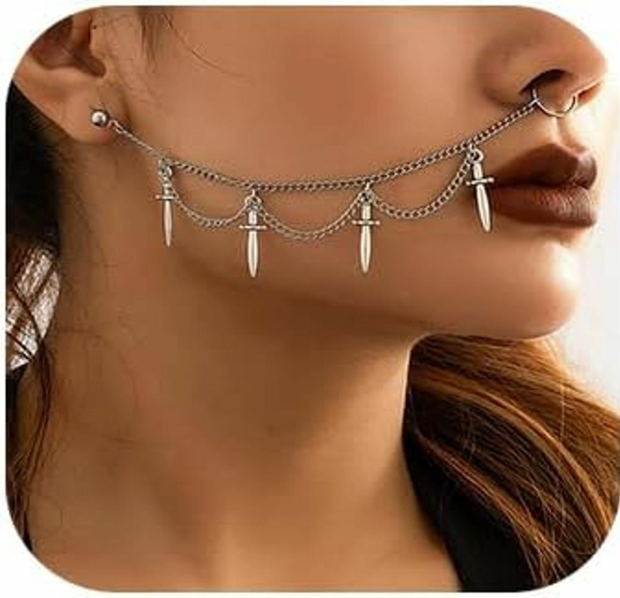 Denifery Denifery Punk Nose Rings Hoop Chain Fake Septum Ring Non Piercing Nose Rings With Chain Nose To Ear Chain Nose Ring Hiphop Jewelry For Women And Girls (Style 3) Faux Body Piercing Jewelry