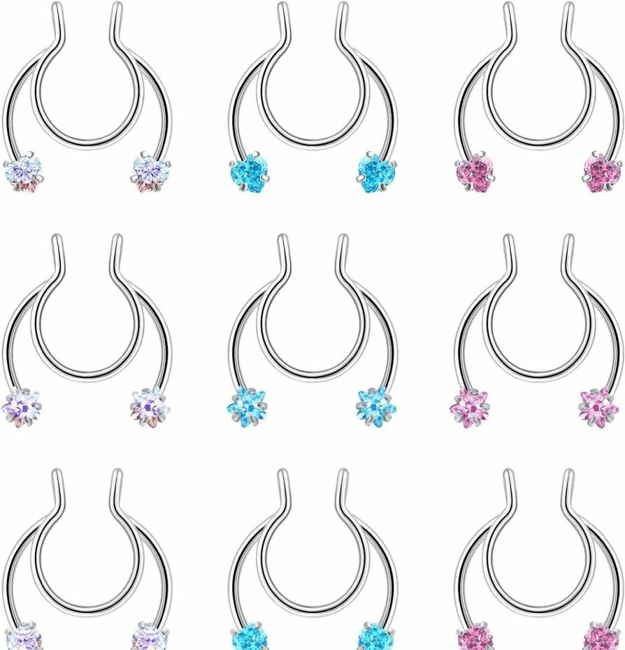 PunkTracker Punktracker Fake Nose Ring Adjustable Fake Septum Jewelry, Faux Septum Nose Rings Helix Lip Rings For Women Men Faux Body Piercing Jewelry