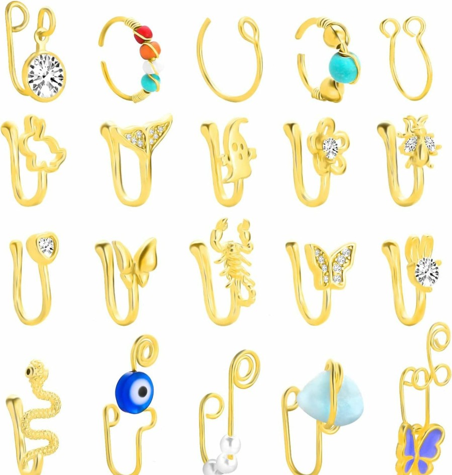 NEWITIN Newitin 3/11/12/16/18/20 Pieces Fake Nose Rings Hoop Clip On Nose Rings Hypoallergenic Nose Rings Cubic Zirconia Setump Cartilage Tragus Ring Non Piercing Nose Rings For Women Girls Faux Body Piercing Jewelry