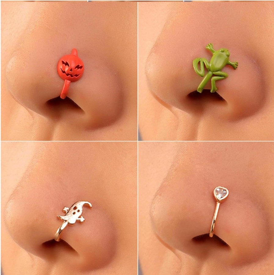 YANCHUN 4 Pcs Halloween Nose Rings For Women Fake Nose Rings Set L-Shaped Pumpkin Frog Nose Rings Crystal Nostril Studs Clip On Circle Hoop No Pierced Body Jewelry Halloween Costume Accessories For Teen Girls Faux Body Piercing Jewelry