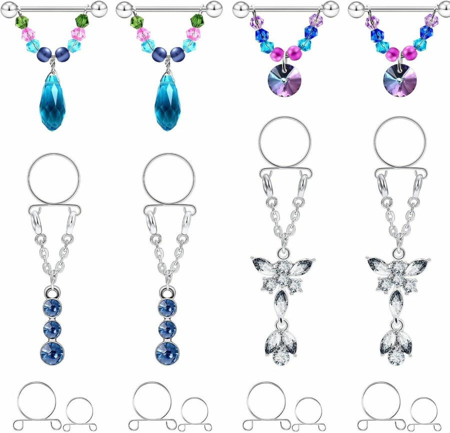 Hnxnskt Hnxnskt 4 Pairs Stainless Steel Nipple Ring Straight Barbell Rhinestone Fake Nipple Hoop Dangle Nipple Piercing Jewelry For Women Faux Body Piercing Jewelry