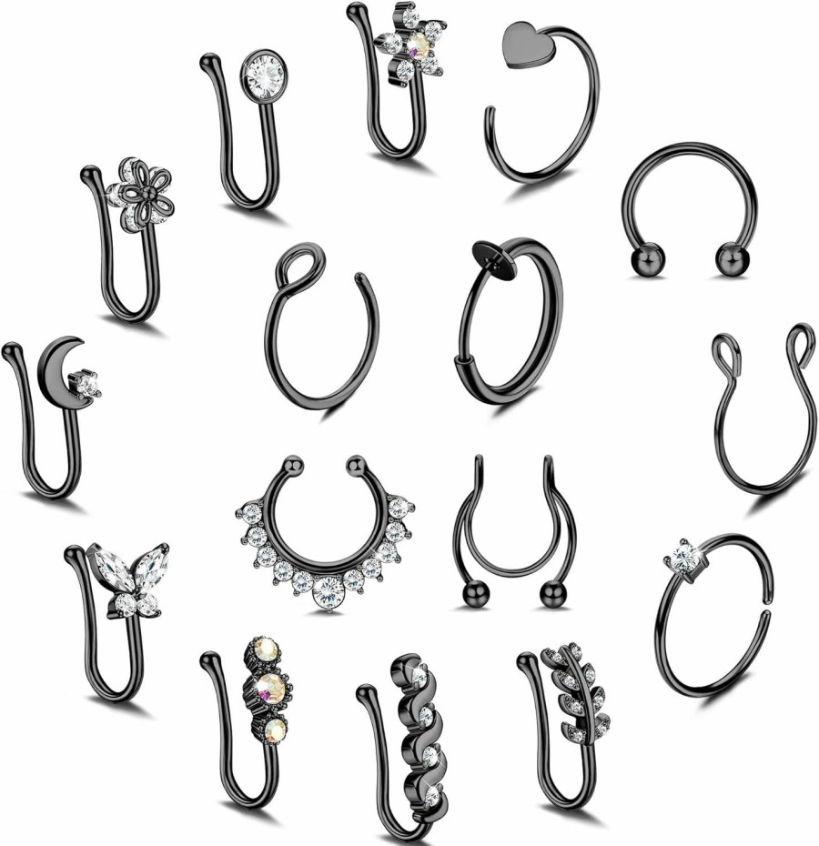 MUSECLOUD Musecloud Fake Nose Rings 16Pcs Stainless Steel Faux Piercing Jewelry 14K Gold Plated Nose Cuff Non Piercing Lip Septum Rings Fake Clip On Nose Rings For Women Men Faux Body Piercing Jewelry