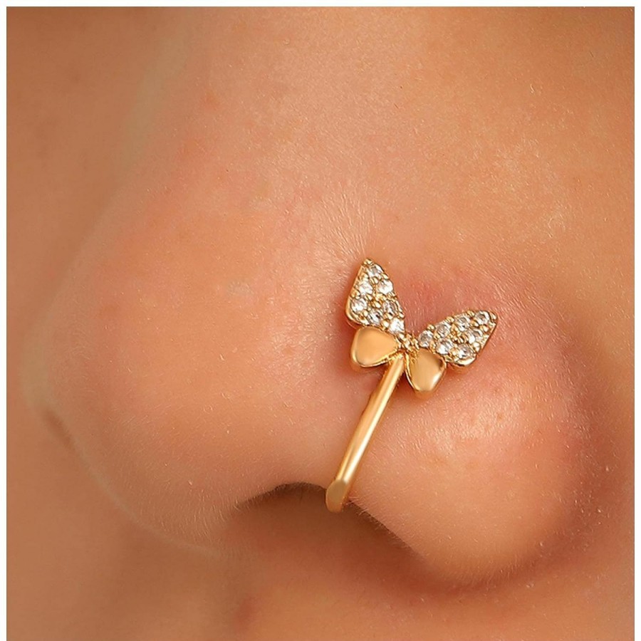 Erimberate Erimberate Punk Crystal Nose Ring Gold Butterfly Nose Ring Cz Butterfly Clip On Nose Ring Rhinestone Butterfly Non Pierced Nose Ring Jewelry For Women And Girls Gifts Faux Body Piercing Jewelry