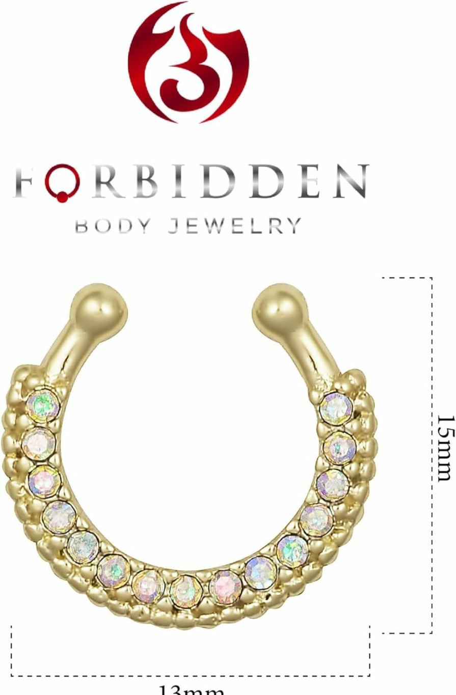 Forbidden Body Jewelry Non-Piercing Septum Jewelry: Gold Plated Pave Cz Crystal Clip On Septum Hanger (No Piercing Required) Faux Body Piercing Jewelry