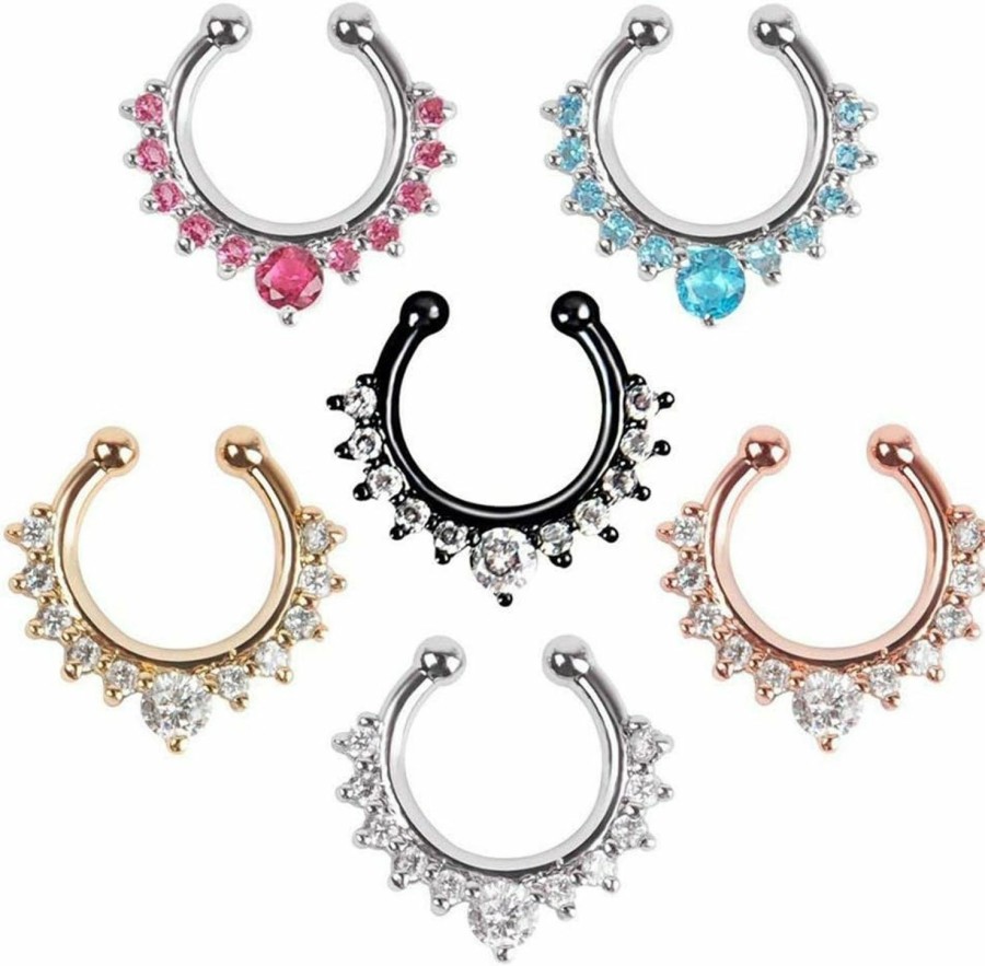 XUKEKOY Xukekoy 6Pcs Fake Septum Clicker Nose Ring Rhinestone Non Piercing Hanger Clip Body Jewelry Faux Body Piercing Jewelry