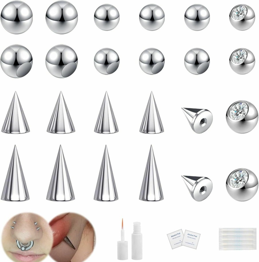 BodyAce Bodyace 24Pcs Fake Nose Lip Labret Studs Eyebrow Rings, 3Mm 4Mm Replacement Balls Long Spike Cone With Eyelash Glue, Non-Piercing Body Jewelry Fake Skin Piercing Faux Body Piercing Jewelry