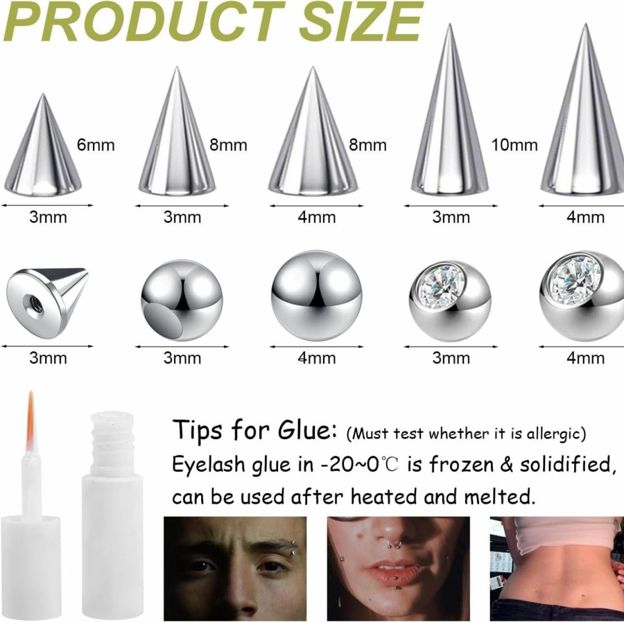 BodyAce Bodyace 24Pcs Fake Nose Lip Labret Studs Eyebrow Rings, 3Mm 4Mm Replacement Balls Long Spike Cone With Eyelash Glue, Non-Piercing Body Jewelry Fake Skin Piercing Faux Body Piercing Jewelry