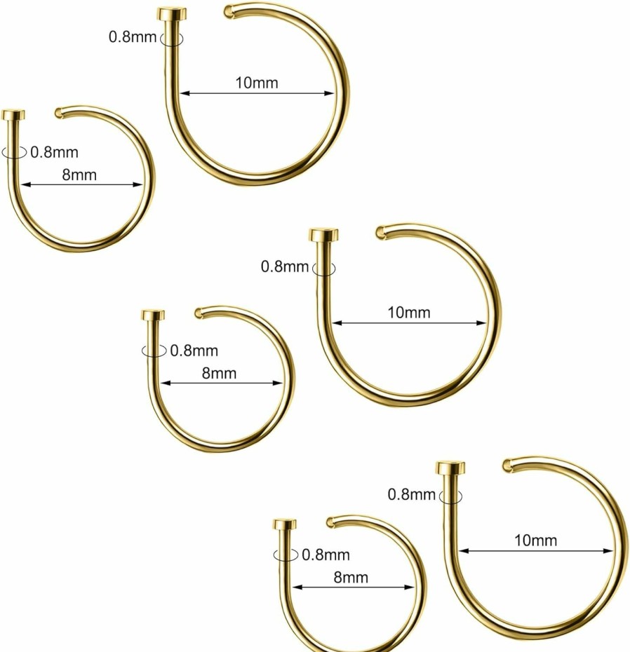 6ixGosh 6Ixgosh 18G/20G D Shaped Nose Ring Hoop Set Steel Stainless Nose Piercing Hoop Nose Screw Hoop Septum Tragus Lip Cartilage Hoop Earrings For Women Men, Black/Gold/Silver Faux Body Piercing Jewelry