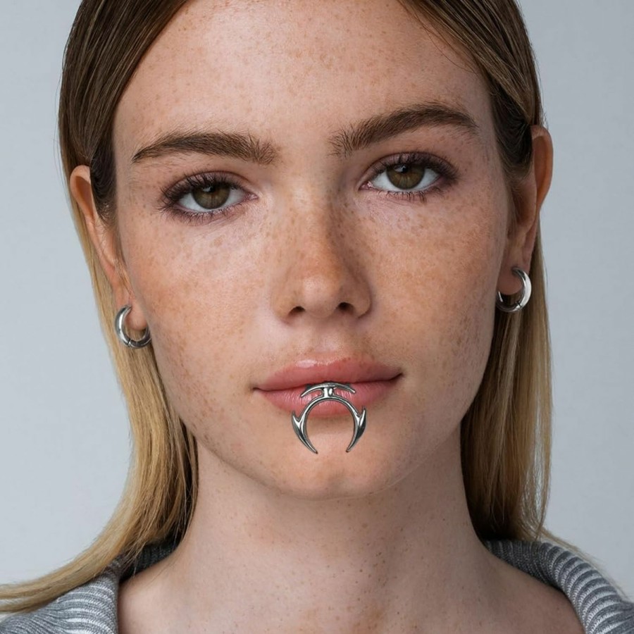 L'VOW L'Vow Cyberpunk Liquid Silver Futuristic Luxury Irregular Non-Piercing Wrap Lip Cuff Jewelry Cyborg Face Accessories Faux Body Piercing Jewelry