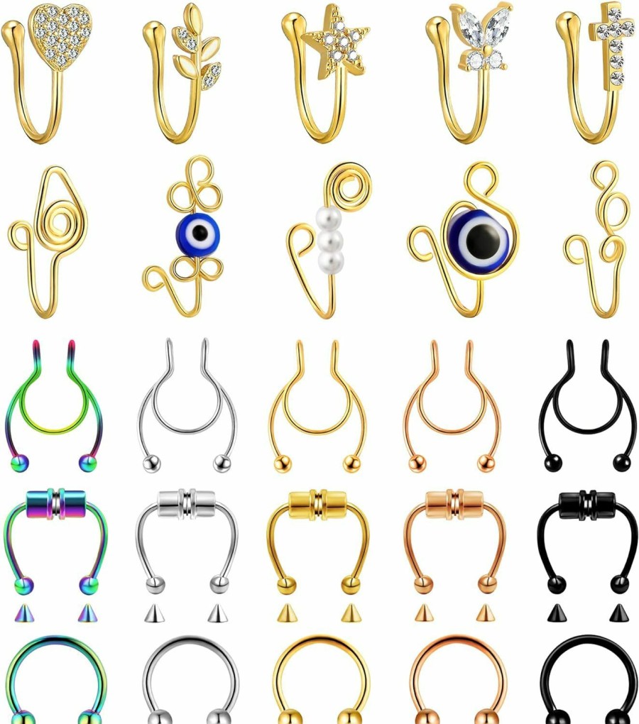 ZOERAY Zoeray 25Pcs Fake Nose Ring Nose Cuffs Fake Septum African Clip On Faux Septum Nose Ring Non Pierced Nose Hoop Heart Star Shape Multi-Style For Women Men Girls Faux Body Piercing Jewelry