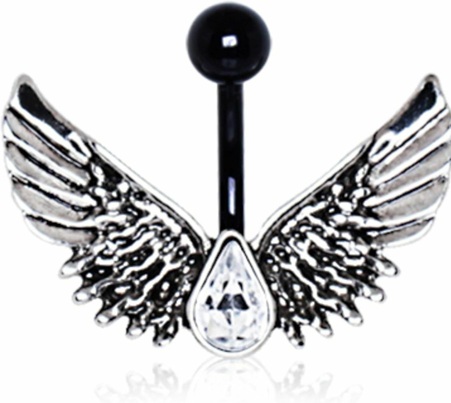 Little Aiden Little Aiden Black Pvd Plated Rebel Angel Wing Navel Ring Size 14 Ga 3/8\" Faux Body Piercing Jewelry