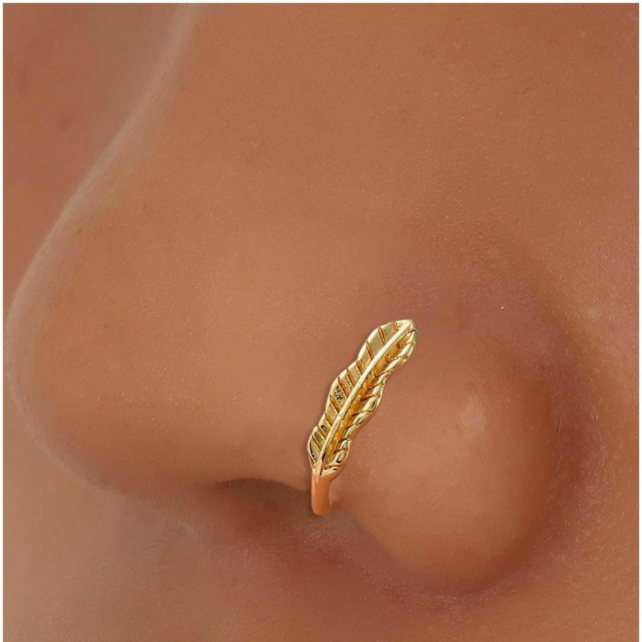 Yheakne Boho Feather Nose Ring Gold Feather Nose Cuff Gold Leaf Septum Nose Rings U Shaped Clip On Nose Stud Vintage Hoop Nose Piercing Jewelry For Women And Girls Faux Body Piercing Jewelry