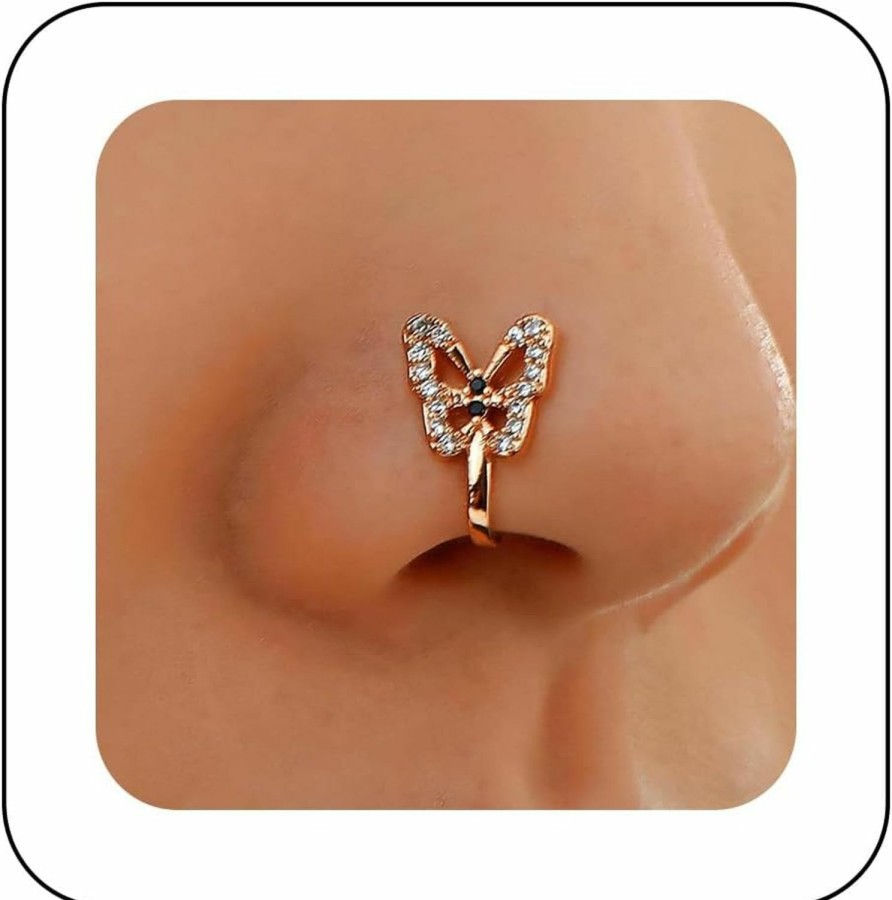 Sttiafay Sttiafay Vintage Rhinestone Butterfly Nose Ring Butterfly Nose Cuff Gold Fake Septum Nose Ring U Shape Clip On Nose Stud Bendable Nose Ring Stud Jewelry Women And Girls Faux Body Piercing Jewelry