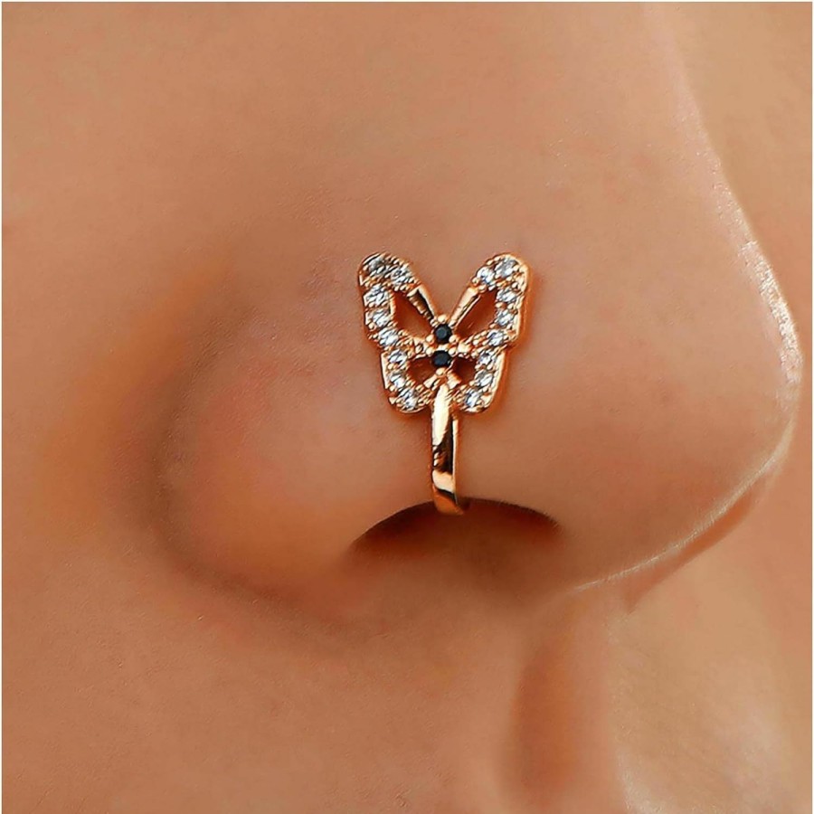 Sttiafay Sttiafay Vintage Rhinestone Butterfly Nose Ring Butterfly Nose Cuff Gold Fake Septum Nose Ring U Shape Clip On Nose Stud Bendable Nose Ring Stud Jewelry Women And Girls Faux Body Piercing Jewelry