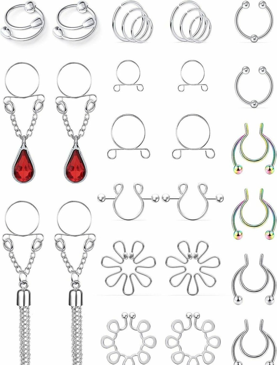 Oufksiyy Oufksiyy Fake Nipple Ring Stainless Steel Non-Piercing Nipple Rings Clip On Nipplerings Faux Body Piercing Jewelry For Women Men 26Pcs Faux Body Piercing Jewelry