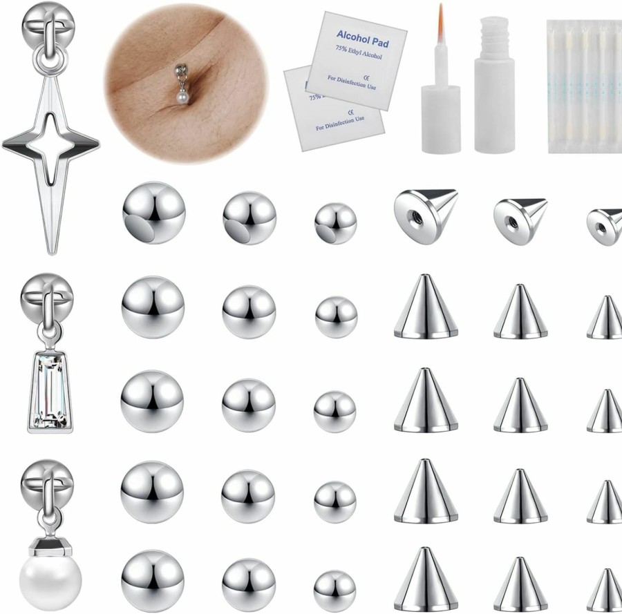 ZS Zs 21Pcs Fake Belly Button Rings 8Mm 10Mm Cz With Eyelash Glue, Fake Eyebrow Rings Nose Lip Labret Studs Replacement Ball, Non-Piercing Body Jewelry Fake Skin Piercing Faux Body Piercing Jewelry