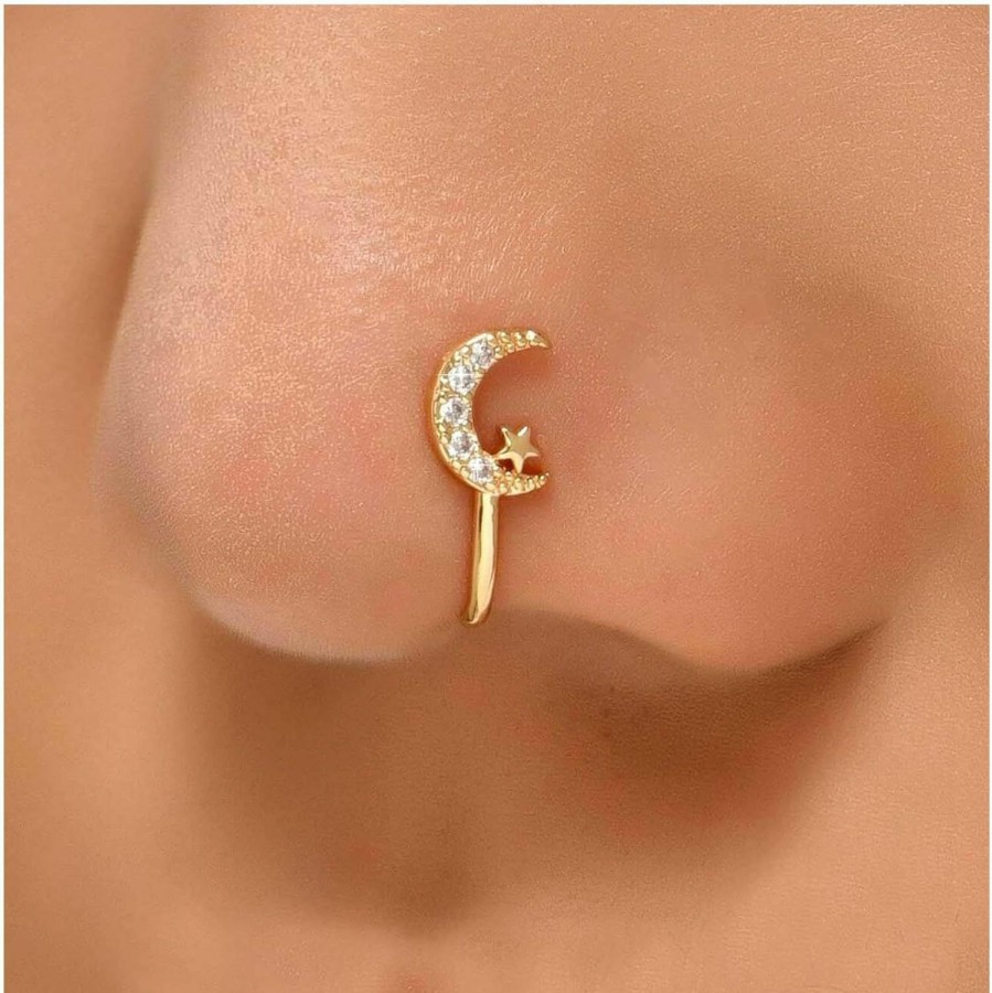 Erimberate Erimberate Punk Crystal Nose Ring Gold Moon Star Clip On Nose Ring Crystal Crescent Moon Nose Ring Rhinestone Moon Star Nose Ring Hoop Jewelry For Women And Girls Gifts Faux Body Piercing Jewelry