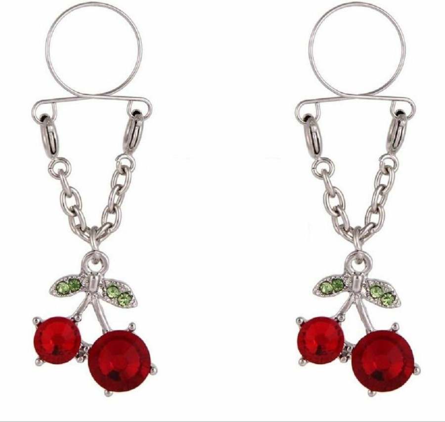 Body Accentz Cherry Non Pierced Clip On Nipple Ring Women Crystal Fake Dangle Adjustable Body Jewelry Faux Body Piercing Jewelry