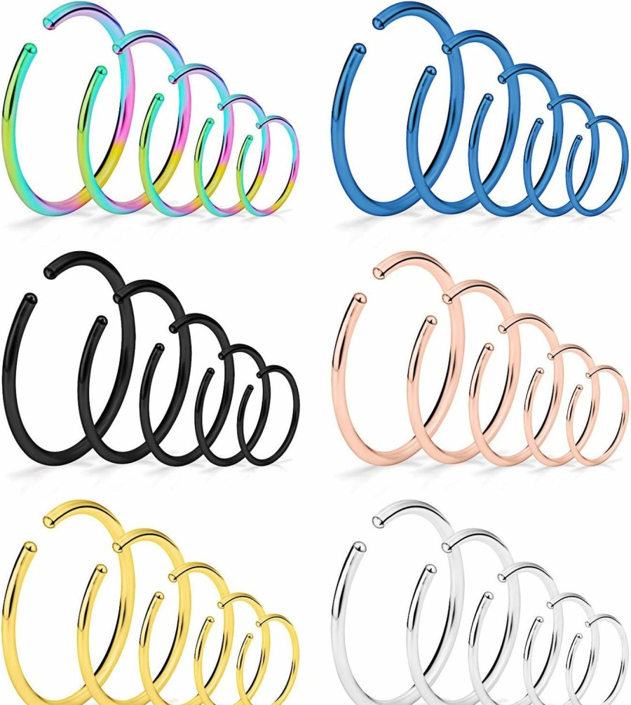 Dyknasz Dyknasz 15-30Pcs 22-18G Nose Rings Hoop Surgical Steel Fake Nose Ring Tragus Cartilage Helix Piercing Earring Hoops Septum Lip Ring 6-14Mm For Women Men Faux Body Piercing Jewelry