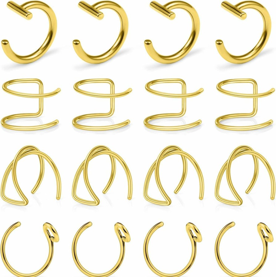 Ftovosyo Ftovosyo Fake Lip Rings T Shaped Stainless Steel Gothic Clip On Non Piercing Nose Ring Double Cartilage Helix Earrings Ear Cuff For Women Men Faux Body Piercing Jewelry