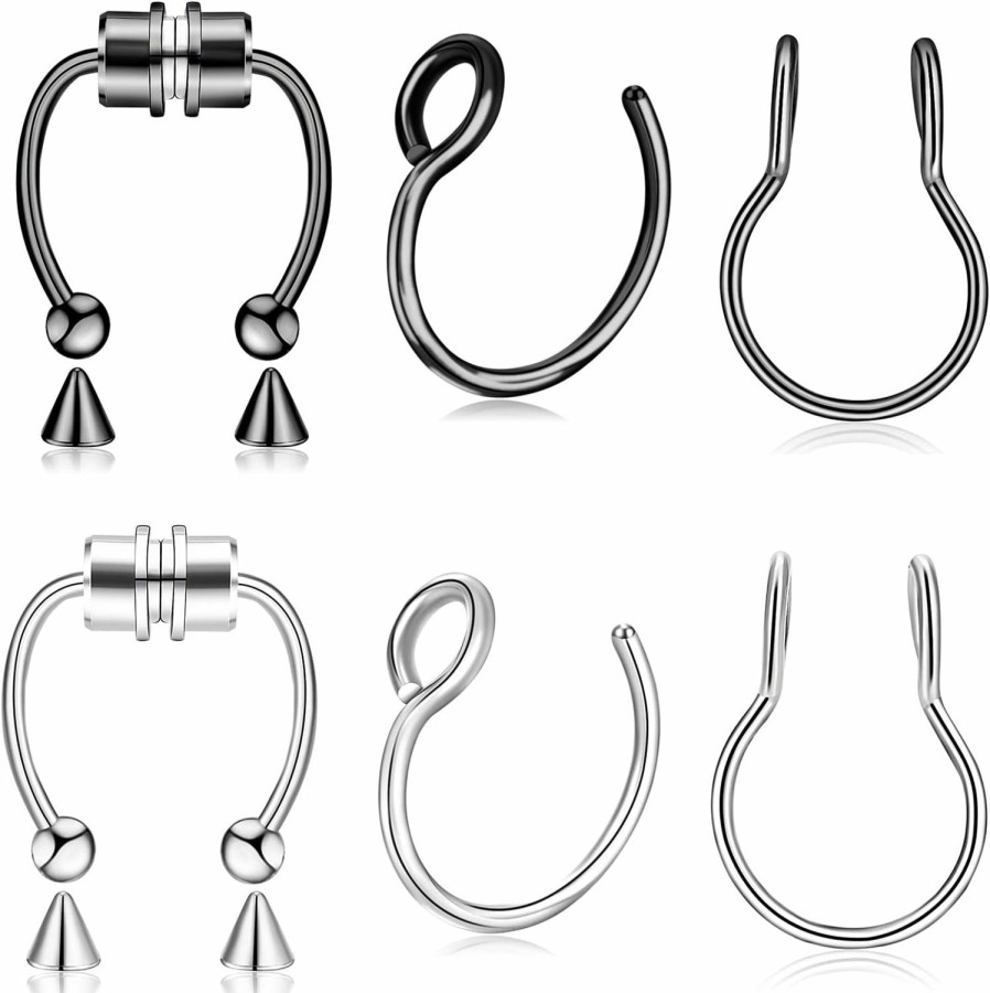 Faiwuoi 6 Pieces Nose Rings Fake Nose Ring Magnetic Septum Fake Nose Ring Fake Nose Ring Hoop Stainless Steel Inlaid Jewelry Horseshoe Faux Clip Nose Ring On Non-Pierced Nose Ring For Women Men Faux Body Piercing Jewelry