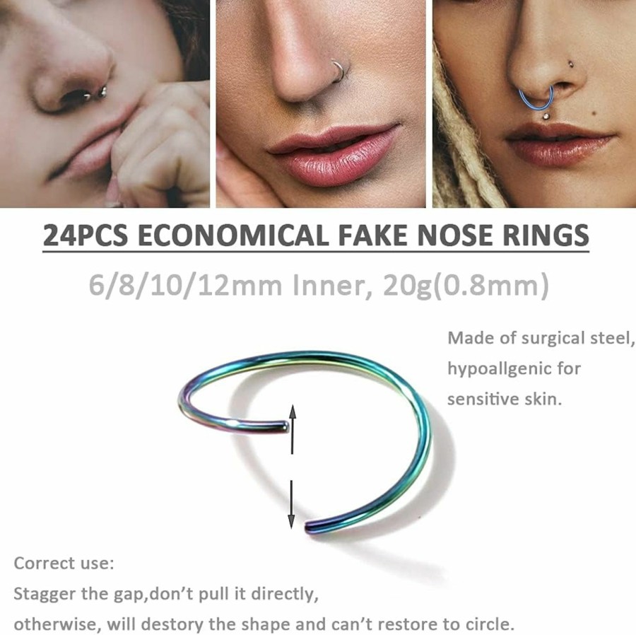 PunkTracker 24Pcs 20G Surgical Steel Fake Nose Rings Septum Ring Cartilage Nose Ring Hoop Piercings 6/8/10/12Mm Faux Body Piercing Jewelry