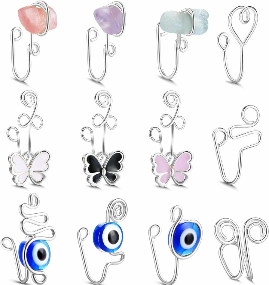 ZZHDCC Zzhdcc 9-16Pcs Multi-Style Adjustable Fake Nose Rings For Women Fake Nose Cuffs For Non Pierced Nose Heart Flower Butterfly Moon Star Clip On Fake Nose Ring Piercing Faux Body Piercing Jewelry