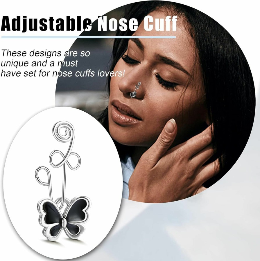 ZZHDCC Zzhdcc 9-16Pcs Multi-Style Adjustable Fake Nose Rings For Women Fake Nose Cuffs For Non Pierced Nose Heart Flower Butterfly Moon Star Clip On Fake Nose Ring Piercing Faux Body Piercing Jewelry