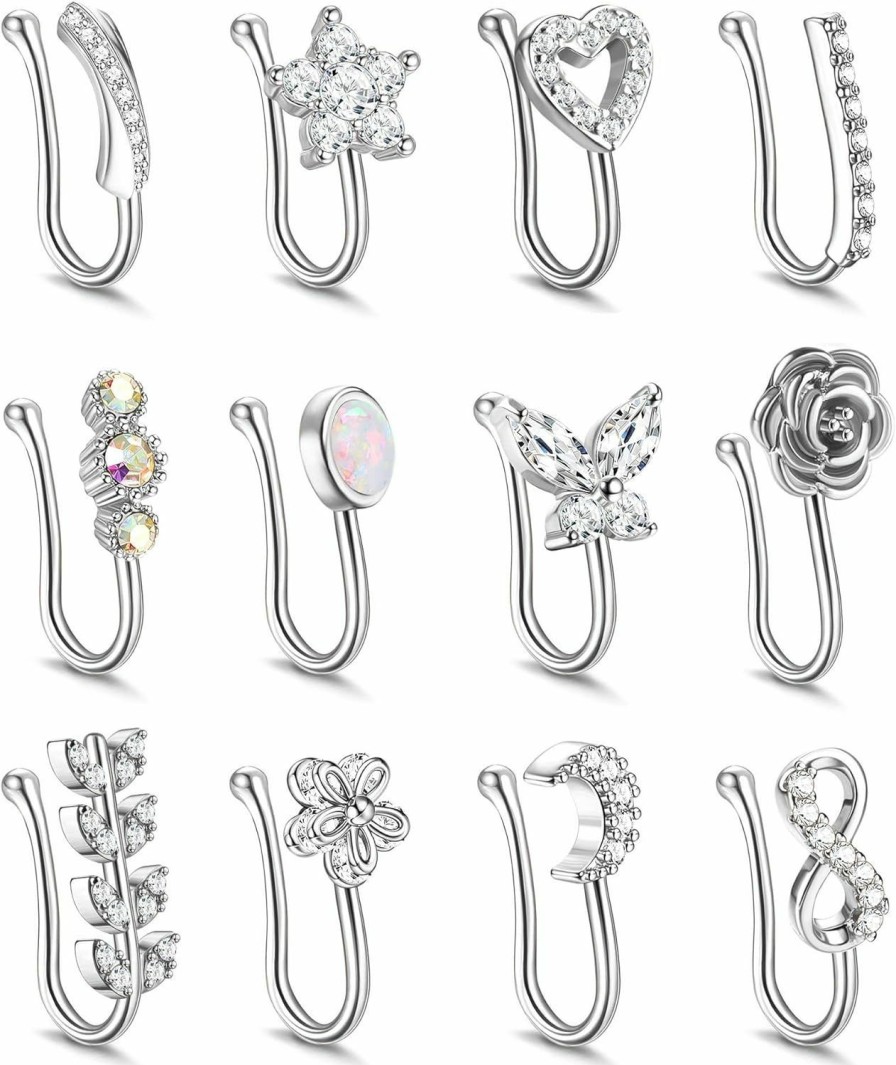 JOERICA Joerica 12Pcs Fake Nose Ring For Women Nose Cuffs Non Piercing Jewelry Cz Opal Butterfly Moon Heart Flower Clip On Nose Ring Adjustable Faux Nose Rings Set Faux Body Piercing Jewelry