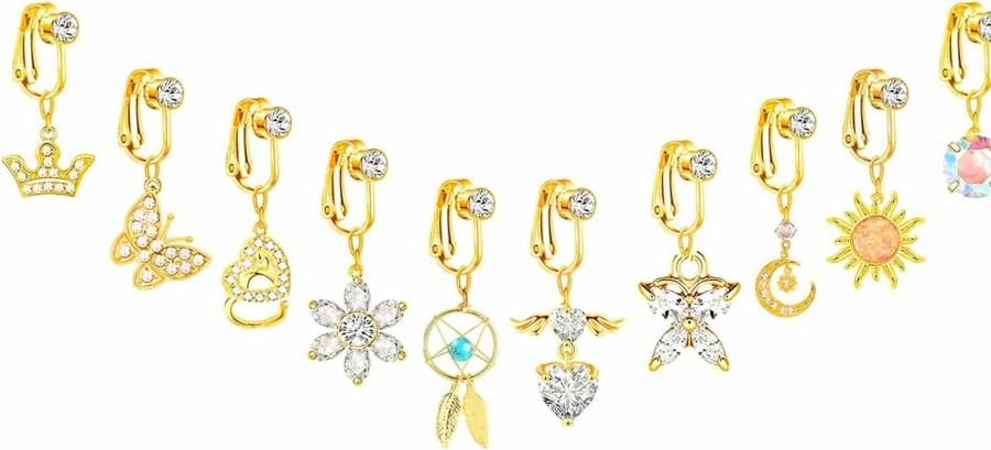 NEWITIN Newitin 10 Pieces Fake Belly Button Rings For Women Dangle Navel Ring Cubic Zirconia Non Piercing Belly Jewelry Clip On Belly Button Rings For Women Girls Faux Body Piercing Jewelry