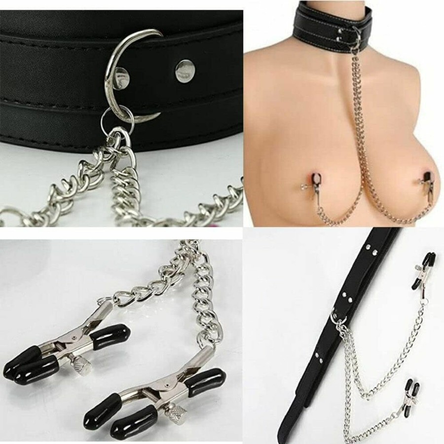 MING HAO Ming Hao Nipple Clamps Breast Clip Leather Collar Choker Necklace Couple Flirting Toys Nipple Jewelry Non Piercing Nipple Barbells Faux Body Piercing Jewelry