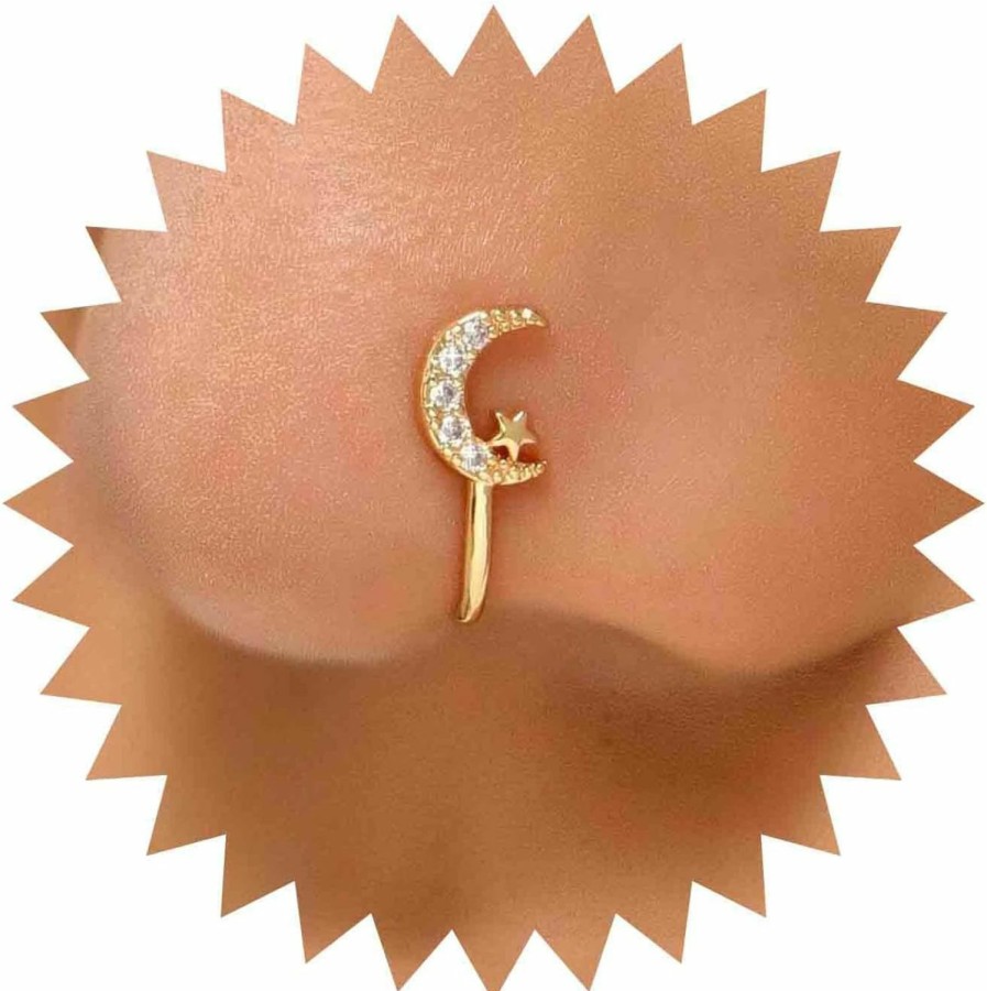 Andelaisi Andelaisi Punk Crystal Moon Clip On Nose Ring Gold Crescent Star Fake Nose Ring Vintage Cz Moon Star Nose Ring Non Pierced Nose Ring Jewelry For Women And Girls Faux Body Piercing Jewelry