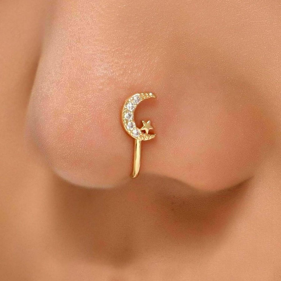 Andelaisi Andelaisi Punk Crystal Moon Clip On Nose Ring Gold Crescent Star Fake Nose Ring Vintage Cz Moon Star Nose Ring Non Pierced Nose Ring Jewelry For Women And Girls Faux Body Piercing Jewelry