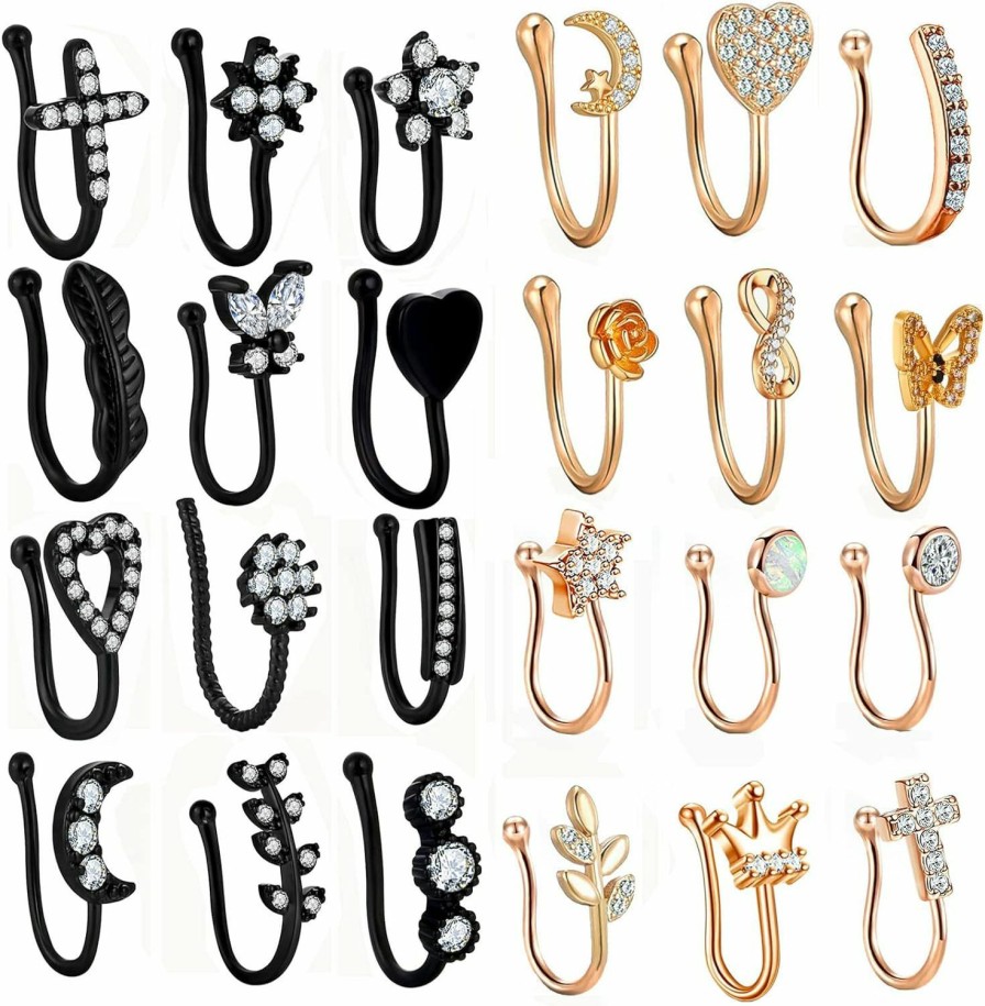 JDXN Jdxn 24 Pcs Fake Nose Rings Set Ear Clips Non Piercing Earrings Inlaid Cz Non Piercing Jewelry Fake Nose Ring Spring Clip On Circle Hoop No Pierced Body Jewelry Set For Women Men Faux Body Piercing Jewelry