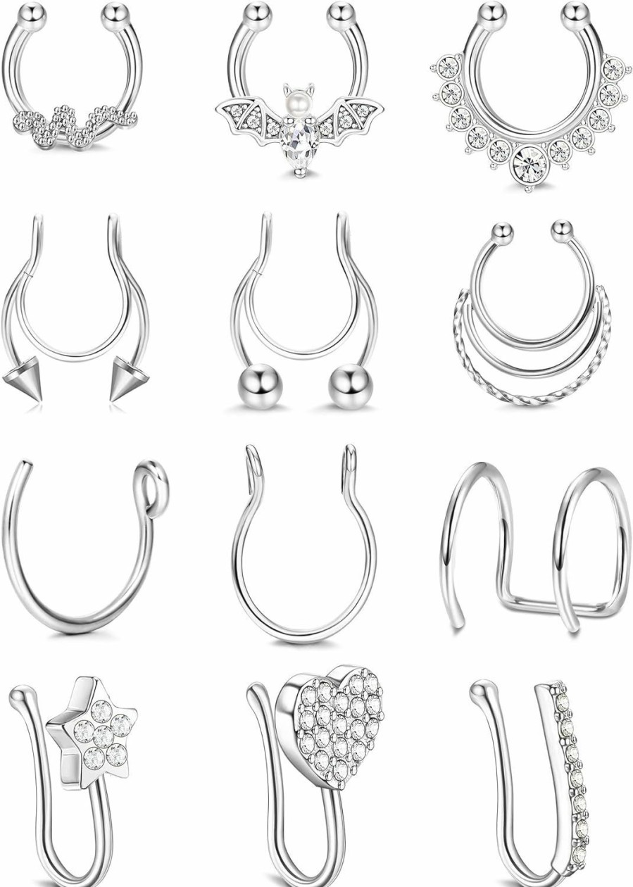 ZZHDCC Zzhdcc Fake Septum Fake Nose Rings For Women Surgical Steel Nose Cuffs For Non Pierced Nose Rings Hoops Fake Lip Rings Non Piercing Septum Rings Clip On Heart Faux Piercing Jewelry Faux Body Piercing Jewelry