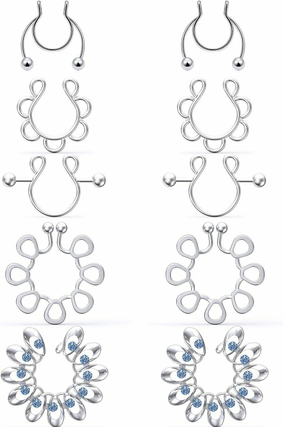 Kridzisw Kridzisw Adjustment Fake Nipple Piercing Jewelry For Women 316L Stainless Steel Dangle Nipple Piercings Rings Non Piercing Clip On Nipple Jewelry Silver 5 Pairs Faux Body Piercing Jewelry